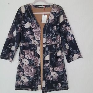 Solitaire Faux Suede Jacket Womens Sz S Purple Floral Long Line Open Front Boho‎